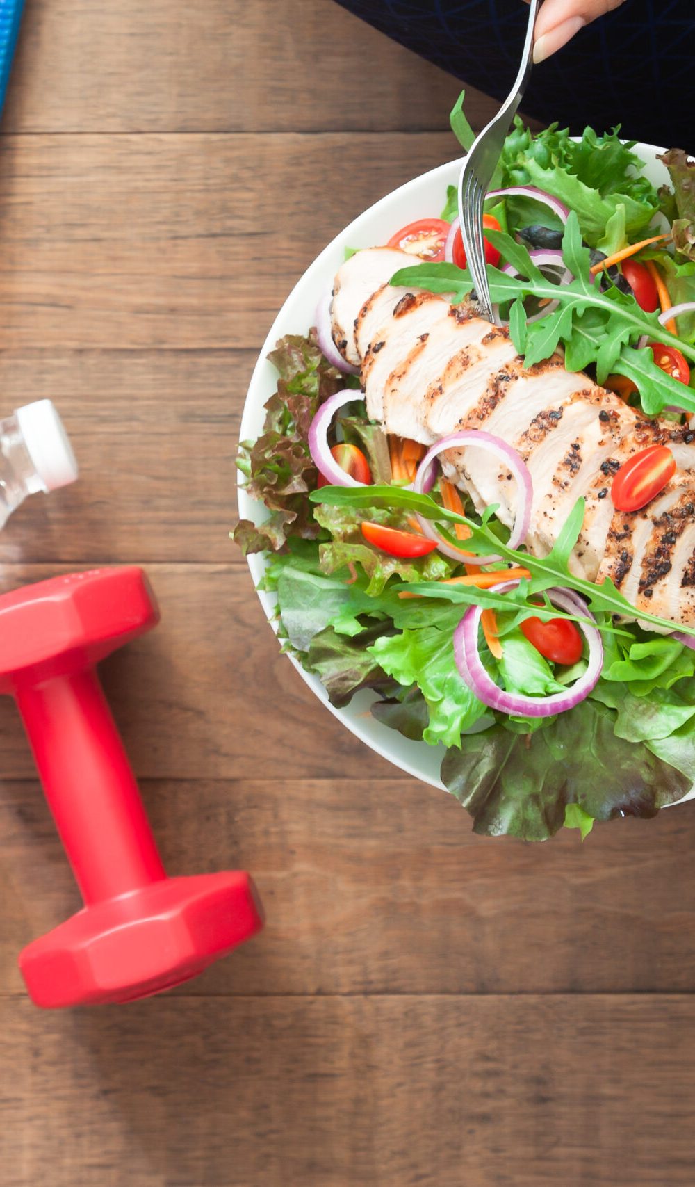 Healthy,And,Fitness,Food.,Chicken,Salad,Dish,With,Fitness,Equipments Healthy,And,Fitness,Food.,Chicken,Salad,Dish,With,Fitness,Equipments