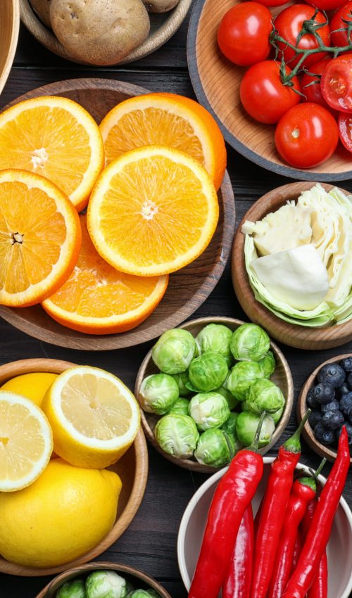 Different,Products,Rich,In,Vitamin,C,On,Wooden,Table,,Flat